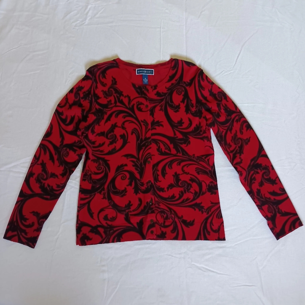 Karen Scott Sz M Red Black Baroque Scroll Print Knit Button Up Cardigan Sweater